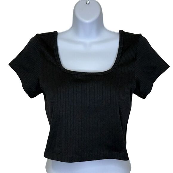 NWT PINK Victoria’s Secret Cropped Ribbed Short Sleeve Shirt Black Size Large - Picture 1 of 12